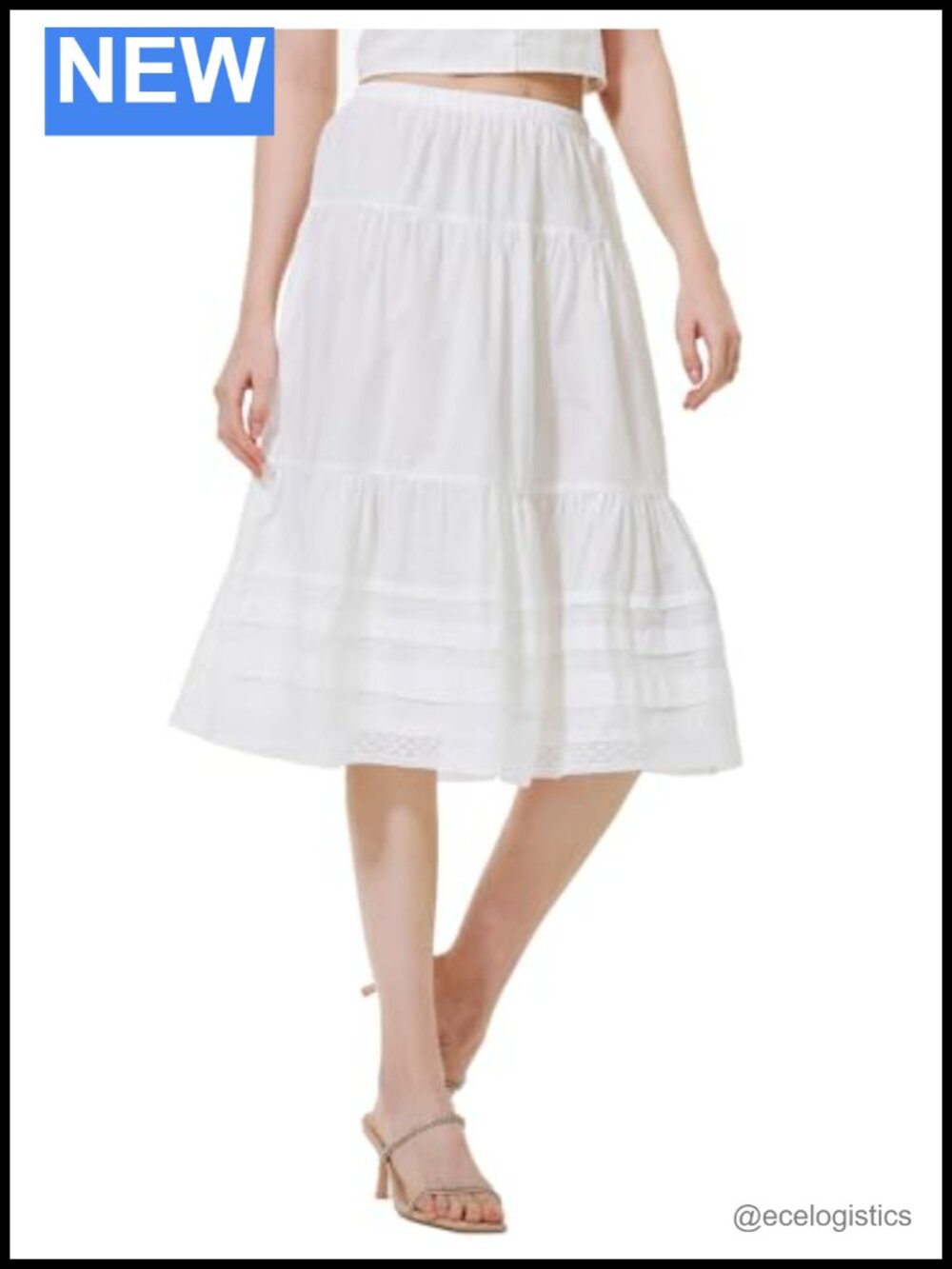 100% Cotton A-Line Peasant Skirt Elastic Waist Pleated Tea Length Below Knee
